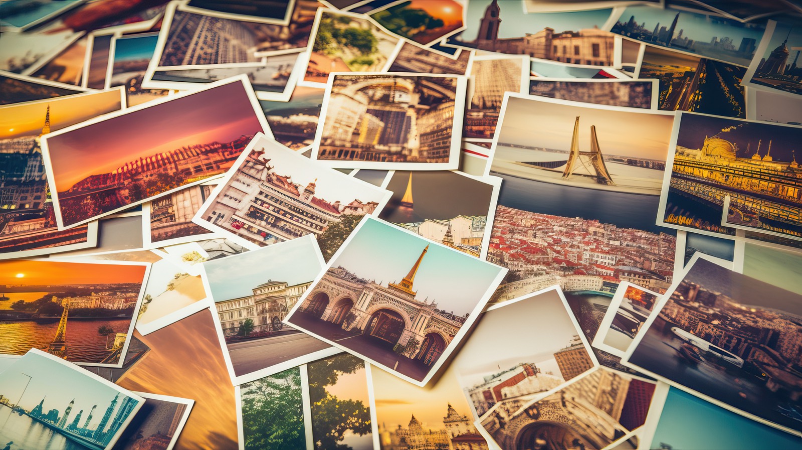 A collage of dozens of small photo prints spread edge to edge across a table