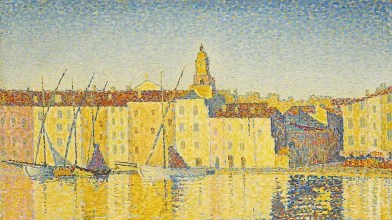 Paul Signac's pointillist painting of the Saint-Tropez harbor, built entirely from small dots of color